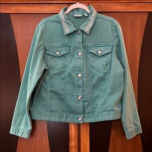 Jade Denim Jean Jacket w/Large Crystal Buttons-Rows of Small Crystals on Collar